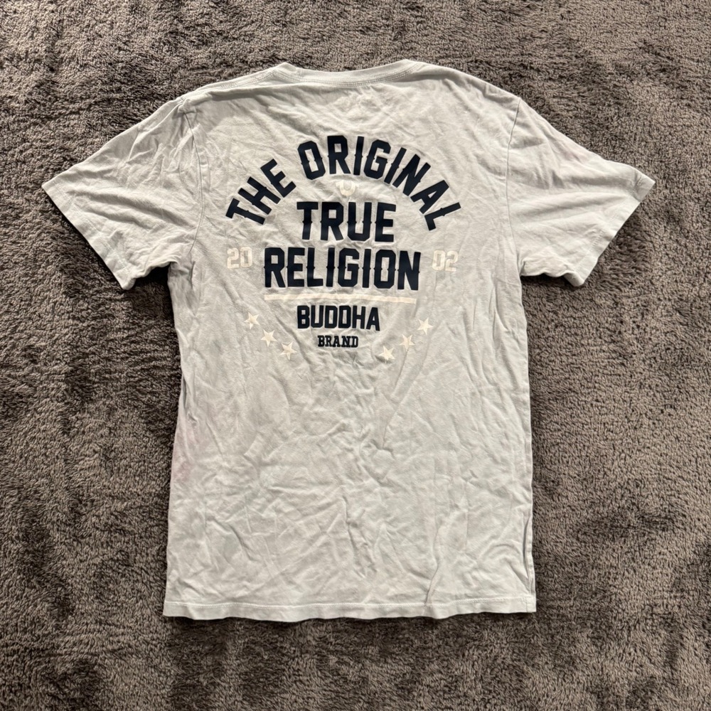 True Religion Mens Graphic T-Shirt Light Blue Buddha Brand Logo Tee Size M